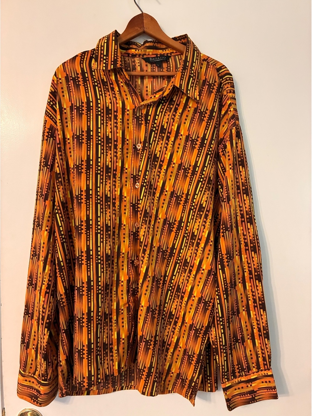 Bagazio Retro Geometric Print Button Down Shirt Orange Brown Size L